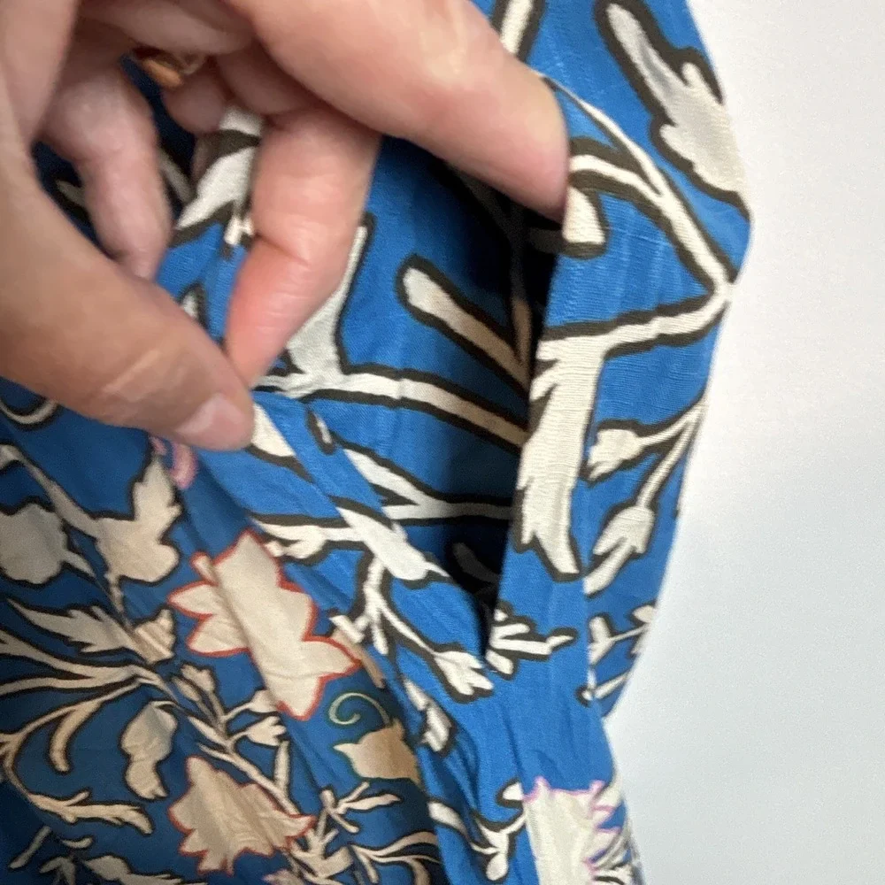 Knox Rose Blue White Floral Wrap Maxi Dress Ruffle Pockets V-Neck Puff XL - Picture 9 of 9